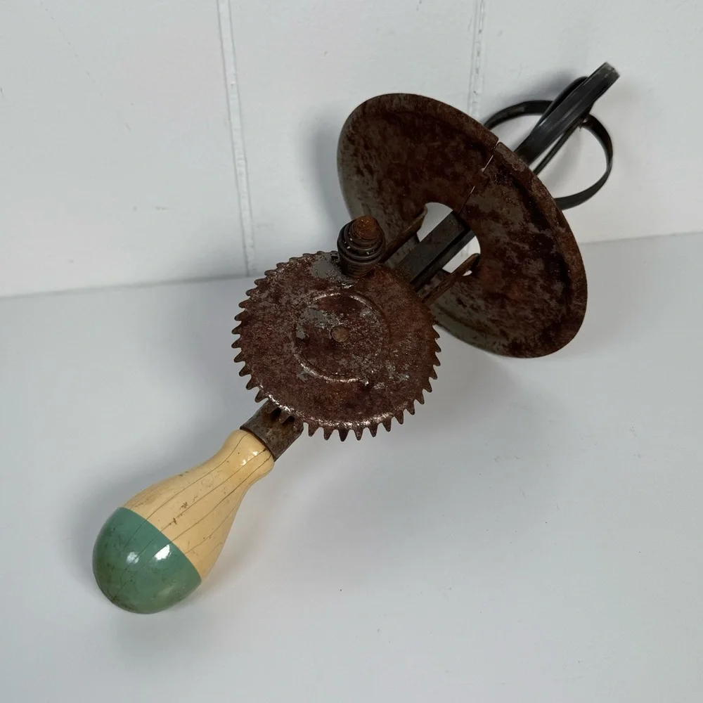 Antique (Green & Cream) A&J Kitchen Egg Beater Wood Handle Farmhouse Decor